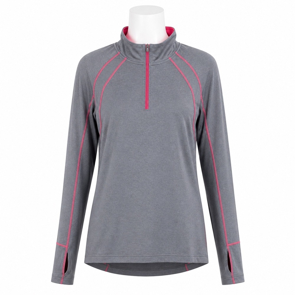 REI Quarter Zip Pullover Mens Large Gray‎ Pink Trim Thumbhole Active Performance